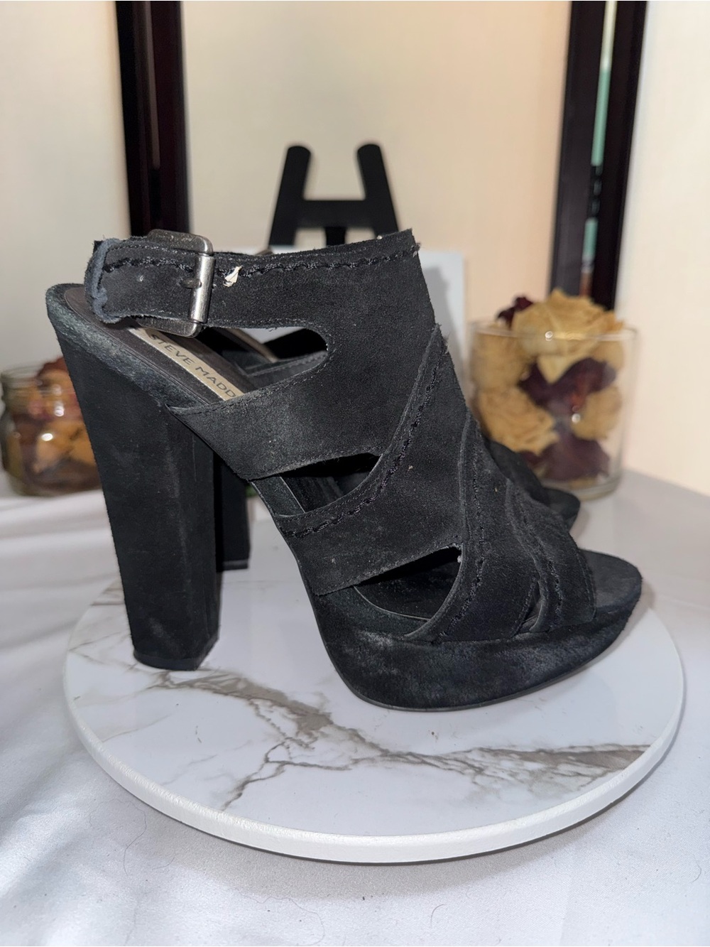 Steve Madden Black Suede Cutout Block Heel Sandals P-Ricki
